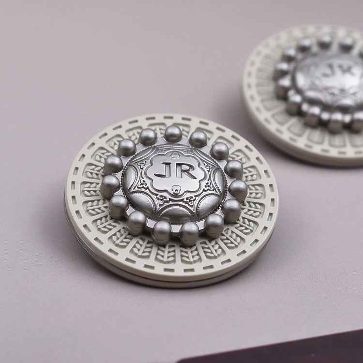 Round vintage metal shank button, gold center with white base and bead border