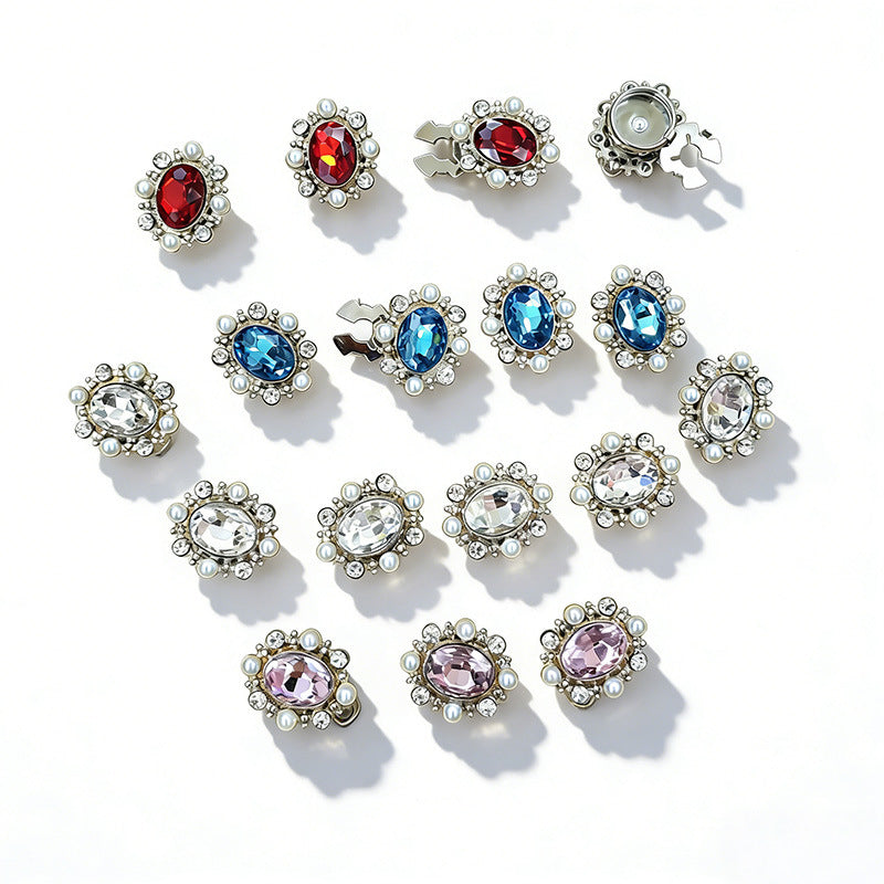 10-pack baroque rhinestone snap-on buttons in clear, pink, red, and blue styles