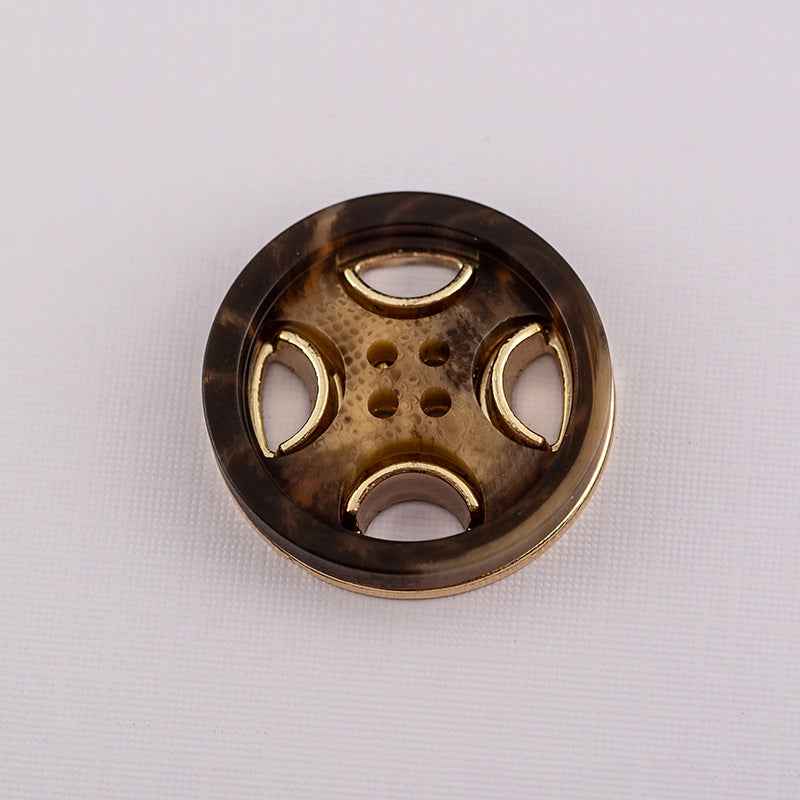 Round 4-hole resin-metal coat button, tan/gold with four holes and gold-tone edges