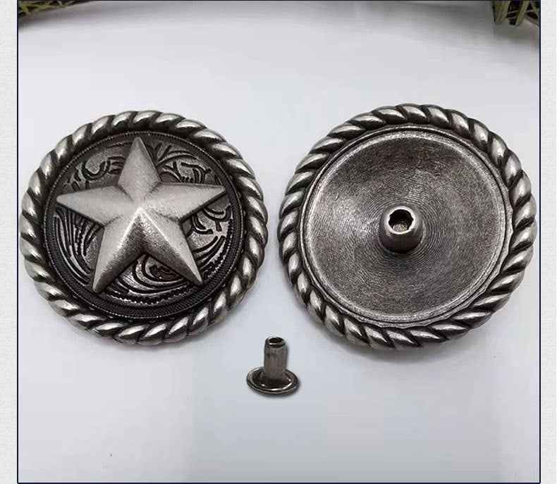 Star-faced antique metal studs with braided rim; reverse shows central hole and post