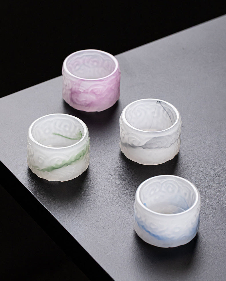50ml Liuli Art Glass Tea Cup Set of 4 | Ink Splash Auspicious Cloud Design