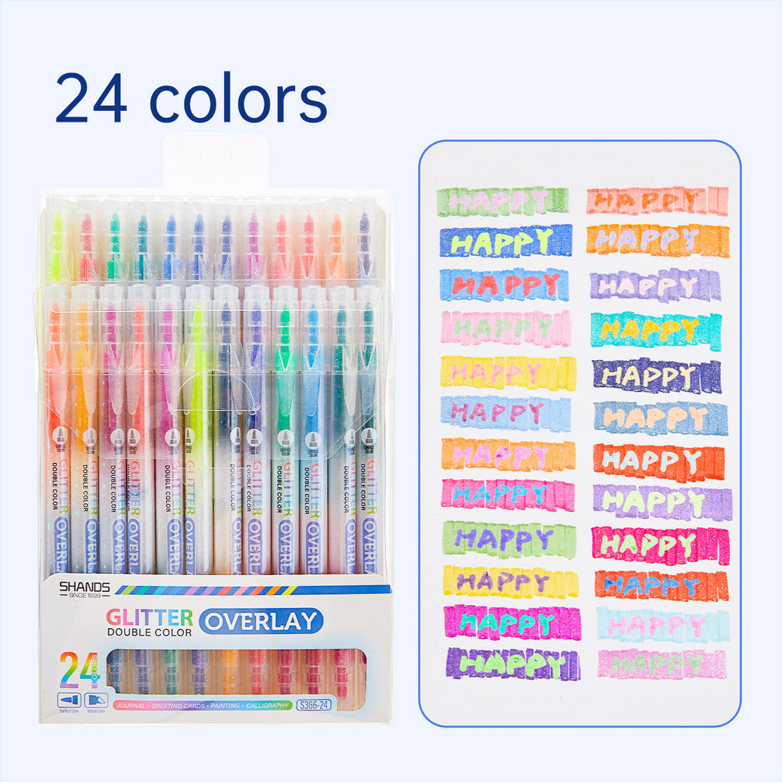 12/24 Colors Dual-Tip Glitter Overlay Highlighter Markers Set 12 Colors