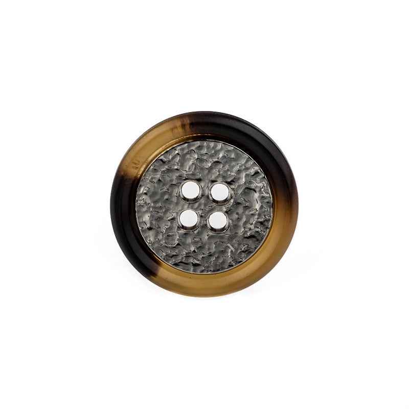 Coffee/brown round 4-hole resin-metal button with metallic center and dark edge