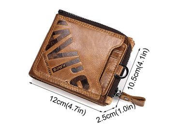 Brown Genuine Cowhide Leather Men's Short Wallet, Zip Around S