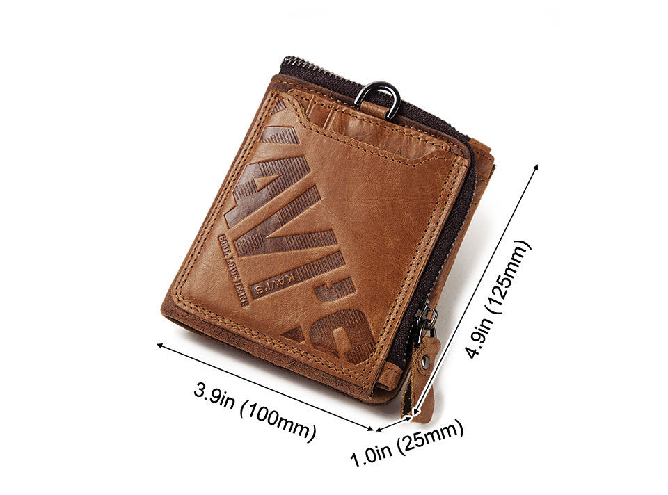 Brown Genuine Cowhide Leather Men's Short Wallet, Zip Around S