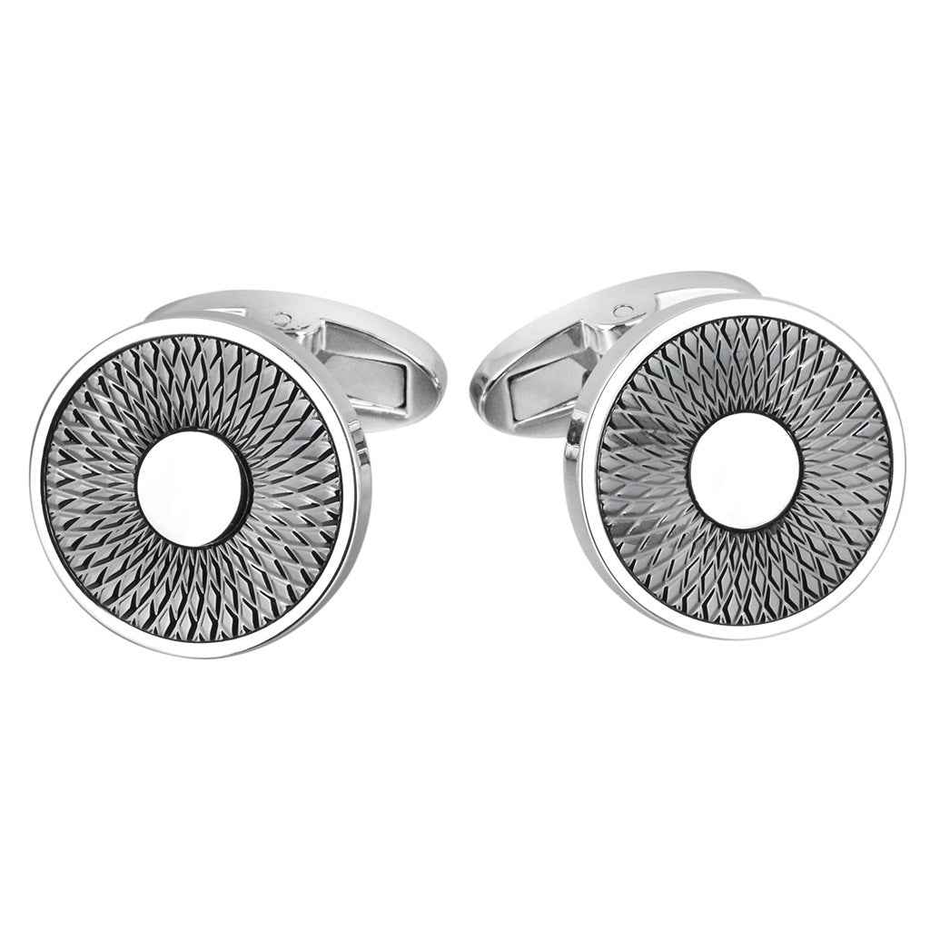 Round engraved cufflinks with diamond texture and circular center, silver-tone
