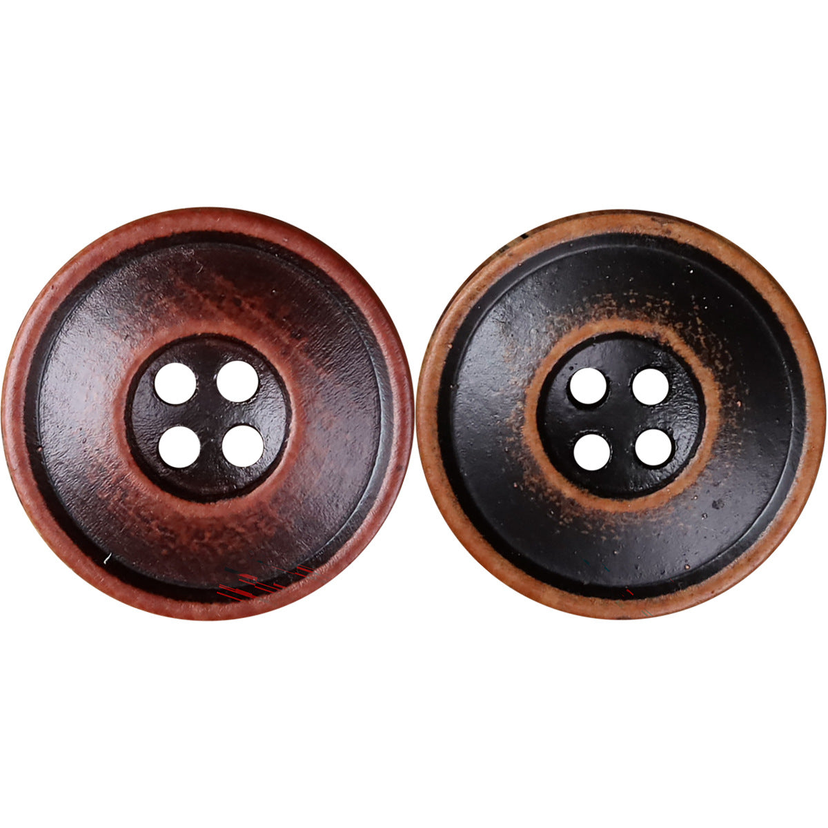 Round 4-hole double-ring buttons, red and black wood-look set of two