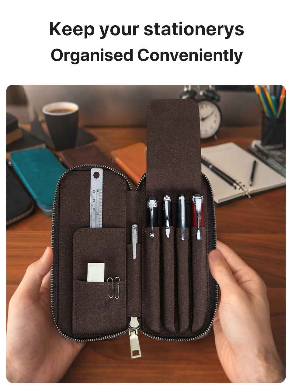 Leather Pencil Case – Handmade Zipper Pen Pouch with 7 Organized Slots