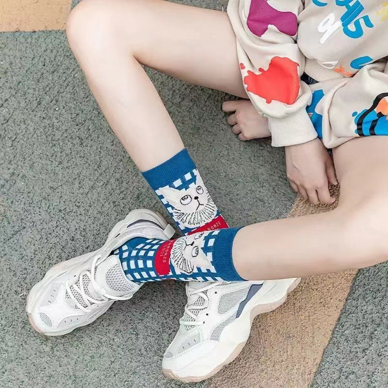 French Illustration Cartoon Cat Crew Socks Pink Kawaii Mid-High 6-Pack