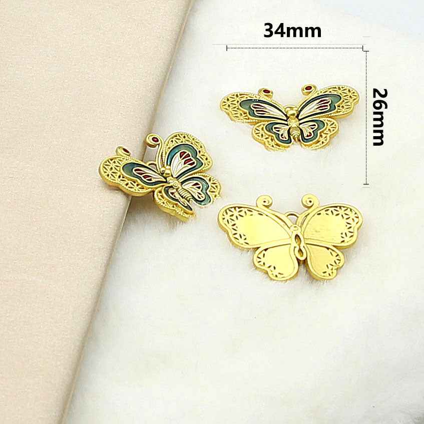 Copper butterfly button, multicolor enamel wings, 34mm x 26mm, 2 sewing holes.