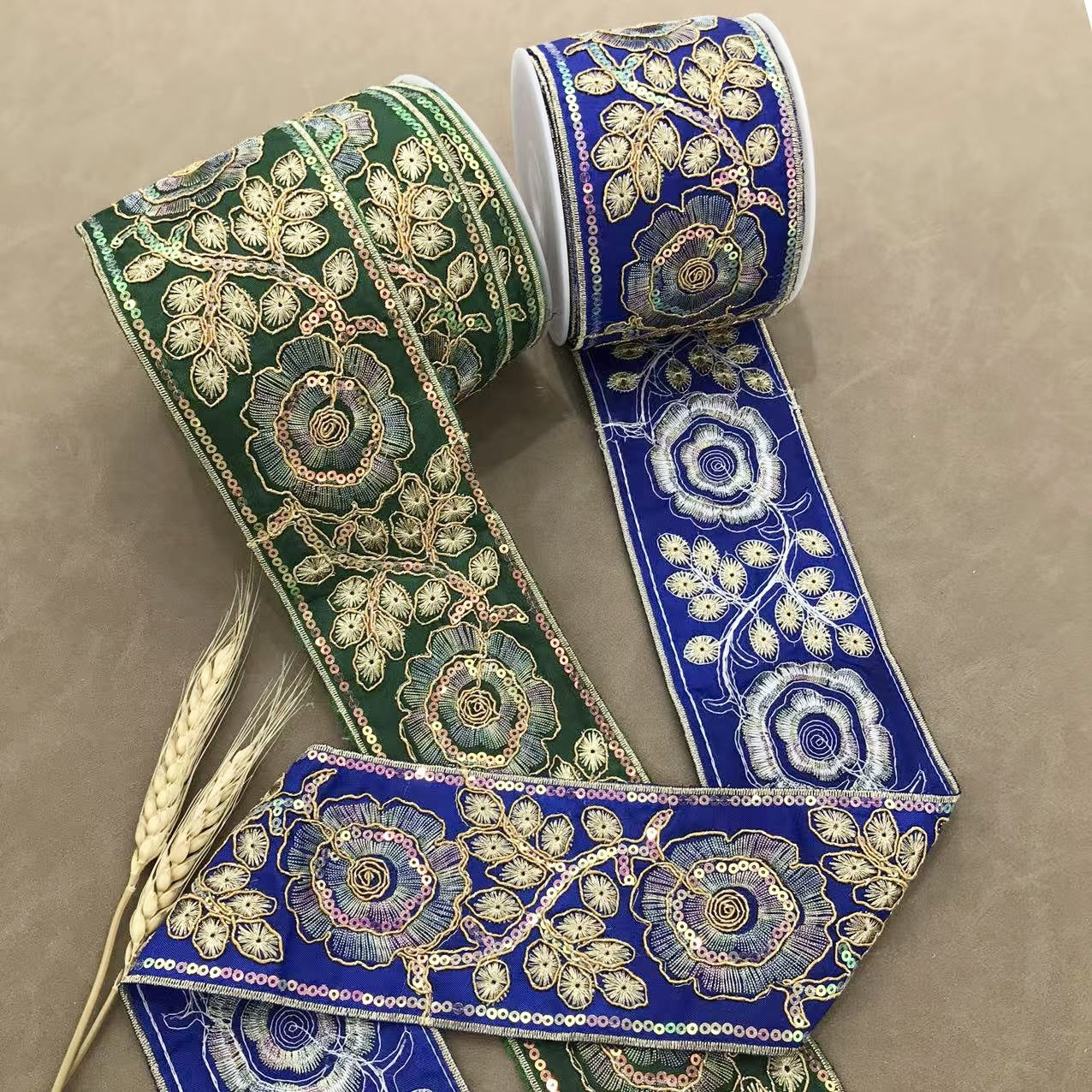 Floral embroidered trim in green and royal blue with gold swirl and bead border