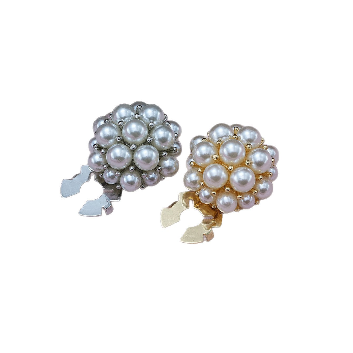 Two pearl flower metal clamp buttons: silver-tone and gold-tone with clasp tabs.
