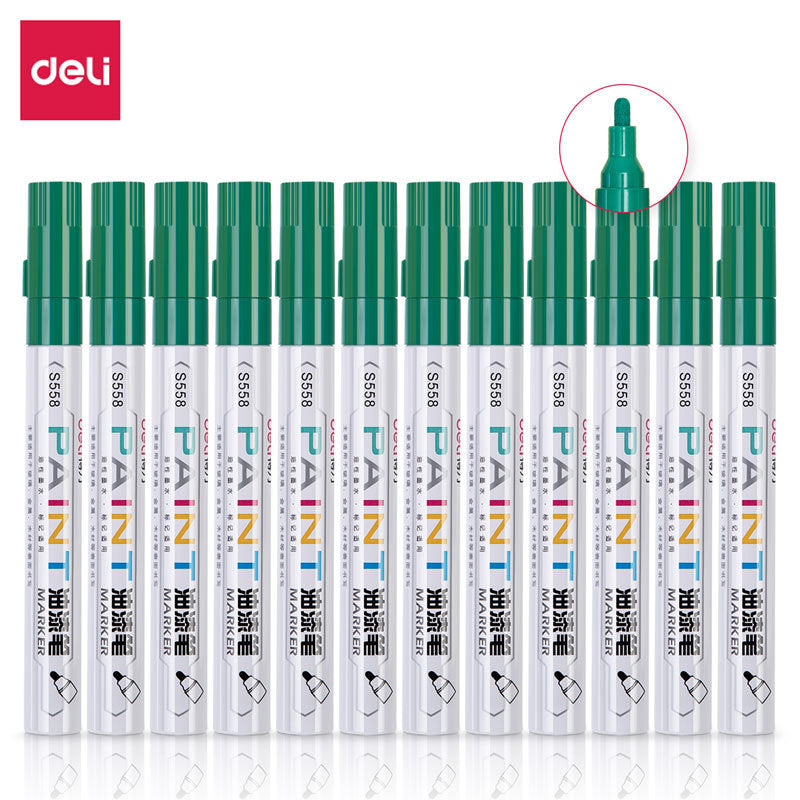 DELI 12pcs Paint Art Marker Pens Oil Based for Metal Rock Canvas Green