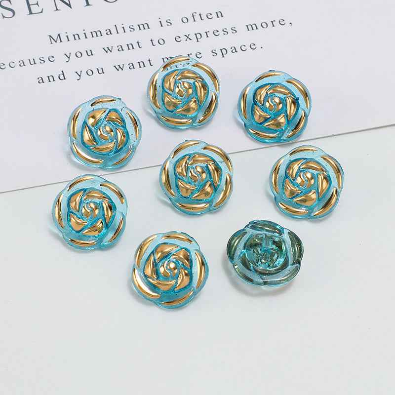 12.5mm acrylic rose buttons, teal-blue with gold iridescent swirl design