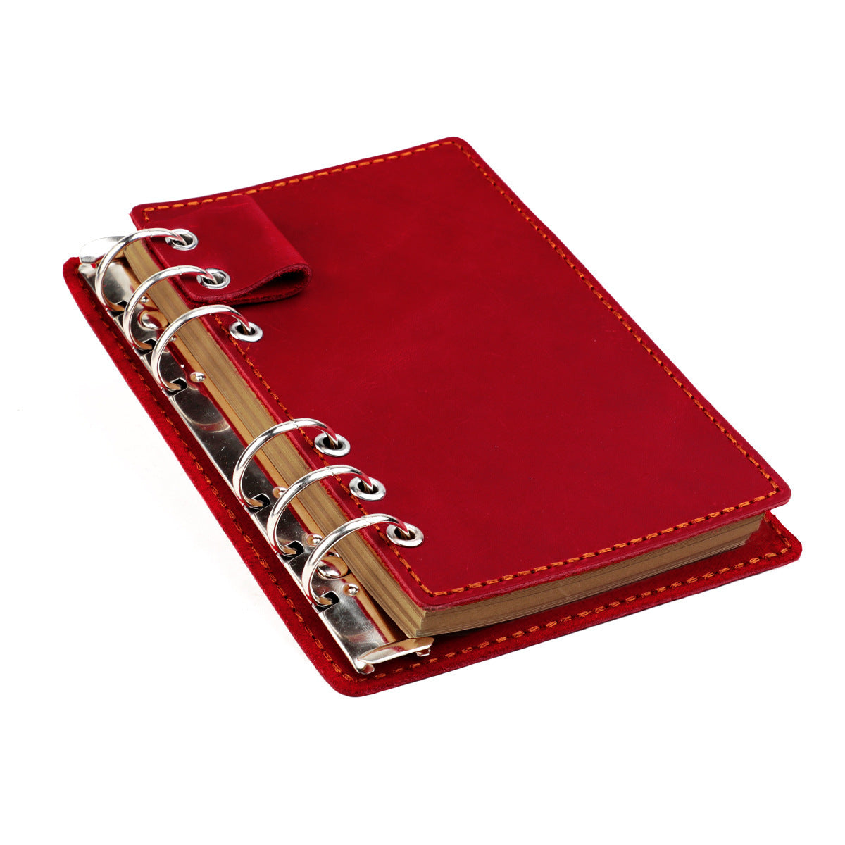 A6 Vintage Genuine Leather 6-Ring Binder Notebook with Pen Loop Red