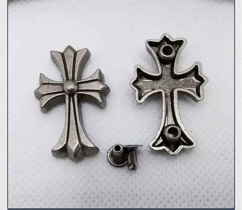 Silver alloy cross rivet studs: floral cross and quatrefoil cross, gothic punk hardware