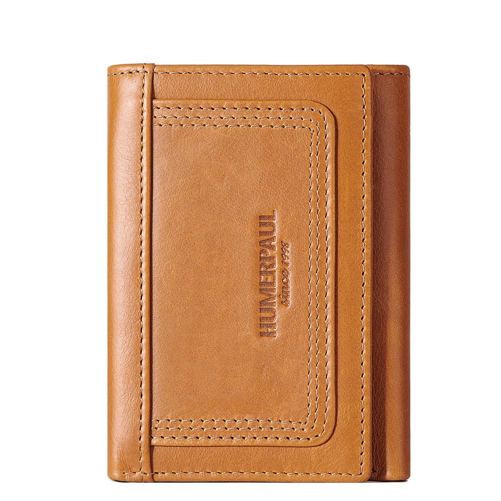 RFID Men's Coin Purse,Top Grain Cowhide Leather Zip Wallet Brown