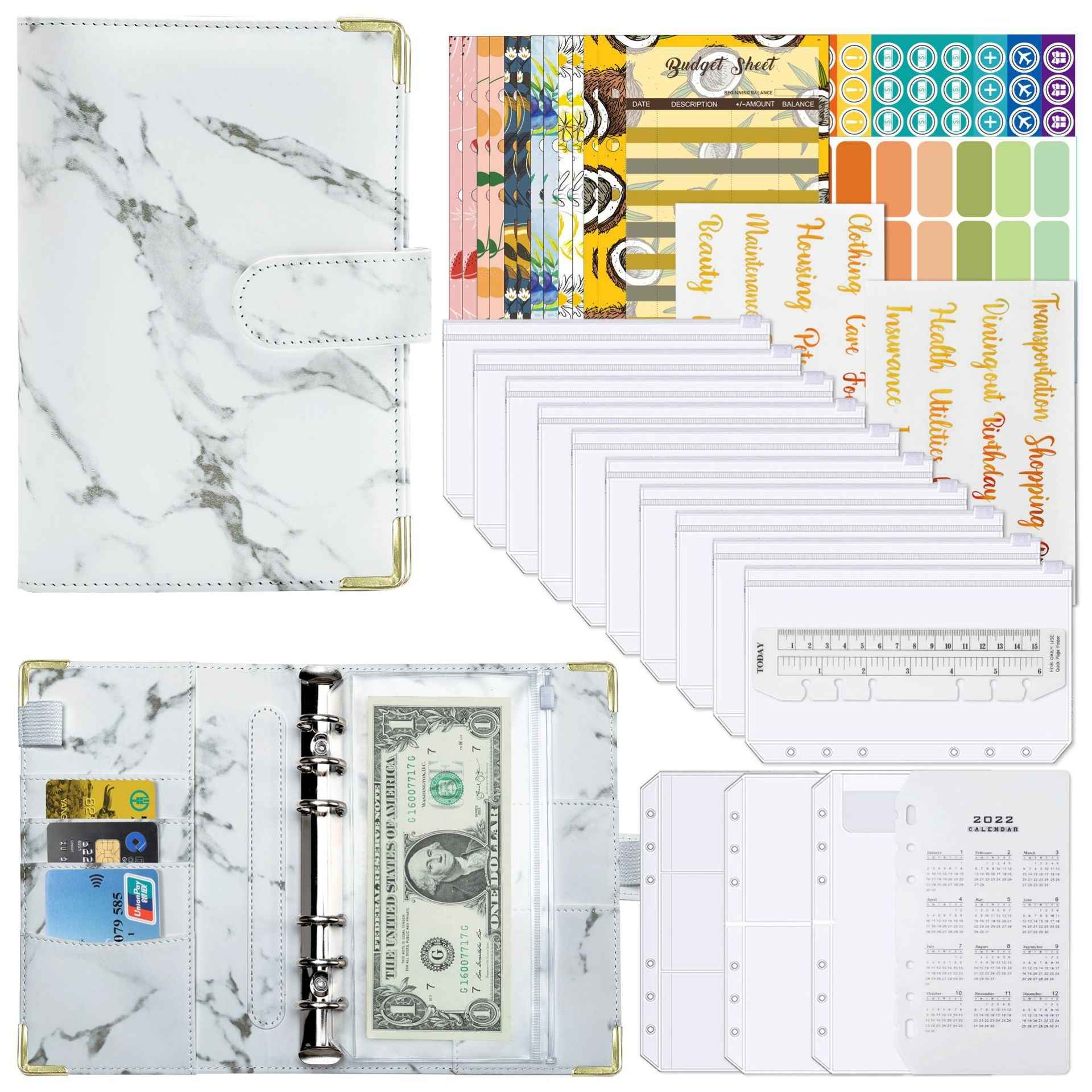 A6 Budget Binder with 12pcs Zipper Cash Envelopes Money Organizer White