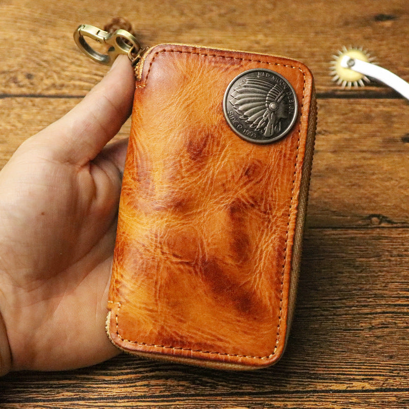 Genuine Vegetable Tanned Leather Key Pouch for Men Brown