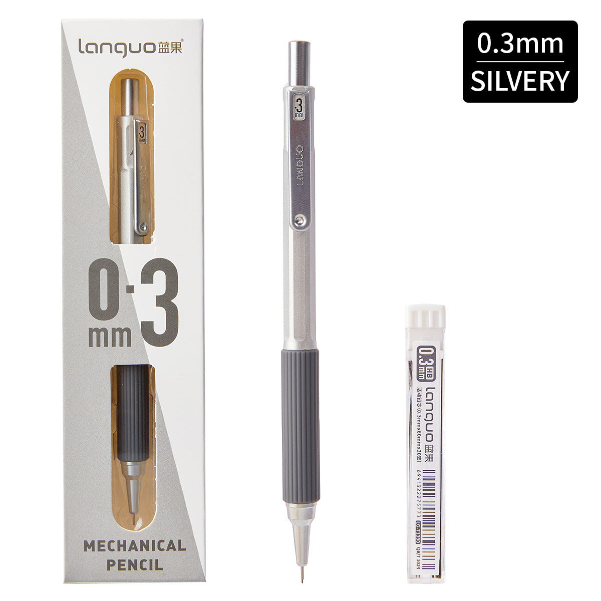 Low-Center Gravity Metal Mechanical Pencil with Leads Set 0.3mm/0.5mm Silver 0.3mm