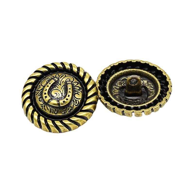 Antique gold metal shank buttons, horseshoe relief; front and back view