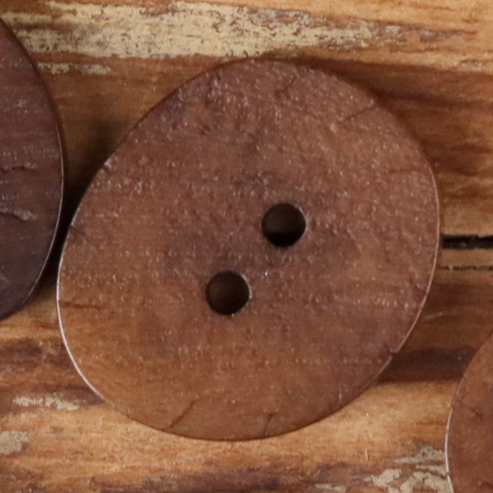 Brown natural 2-hole button with two holes, irregular round shape, close-up.