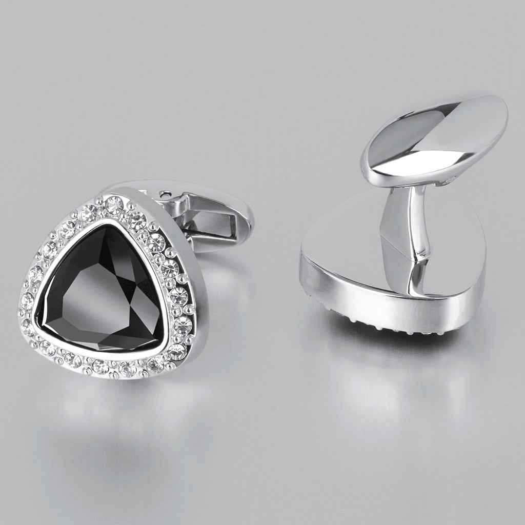 Silver-tone triangle cufflinks with black center stone and hinged bar backs
