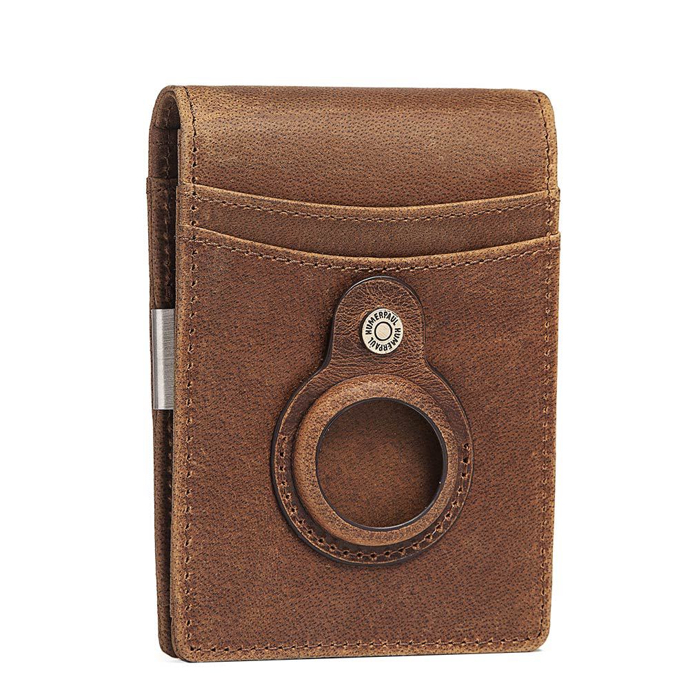 RFID Top Grain Leather Card Holder Wallet with AirTag Slot Coffee