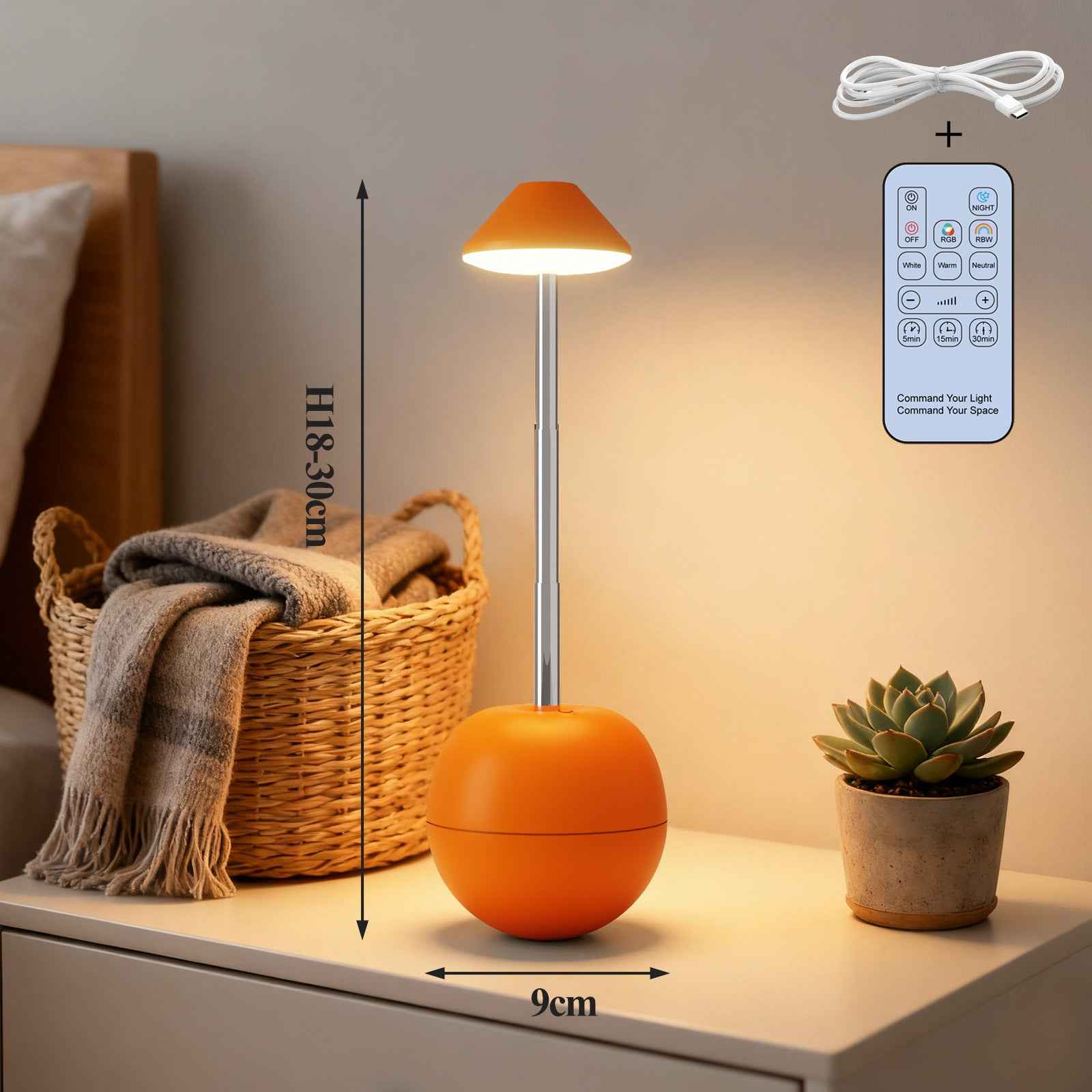 LED Night Light Rechargeable with Remote Telescopic Stem Wobble Base Orange