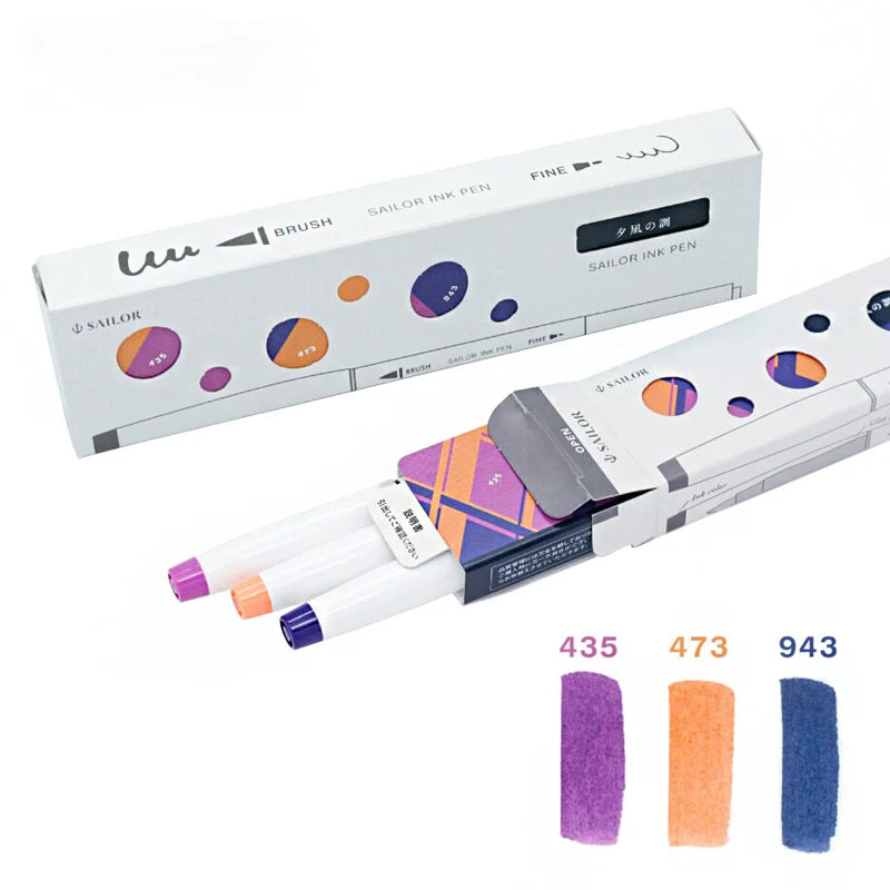 Sailor Ink Pen Kobo Brush and Fine Dual-Tip Marker 3 Color Set A
