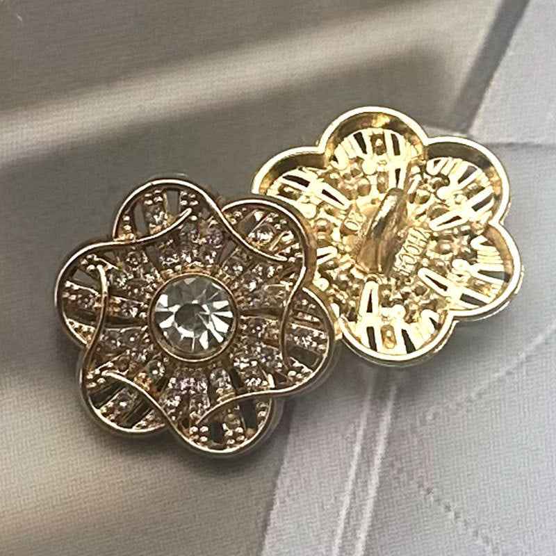 Floral crystal coat buttons, gold and dark-toned back with round center gem