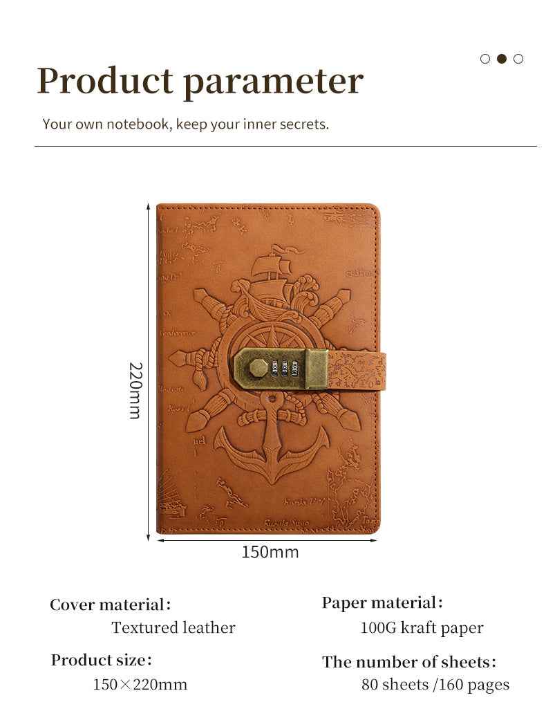 Retro Pirate Lock Diary 3D Carved European Style Locked Notebook A5