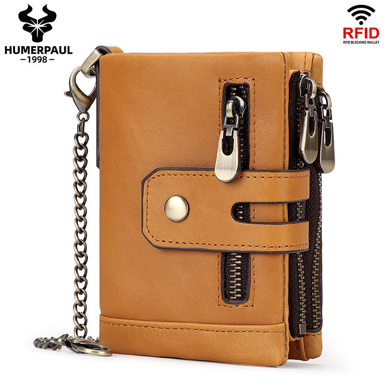 Genuine Leather Short Wallet with RFID Protection Tri-Fold Purse Brown