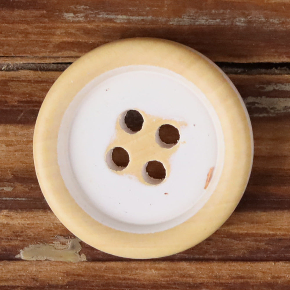 Round 4-hole wood button with black face and tan wood rim