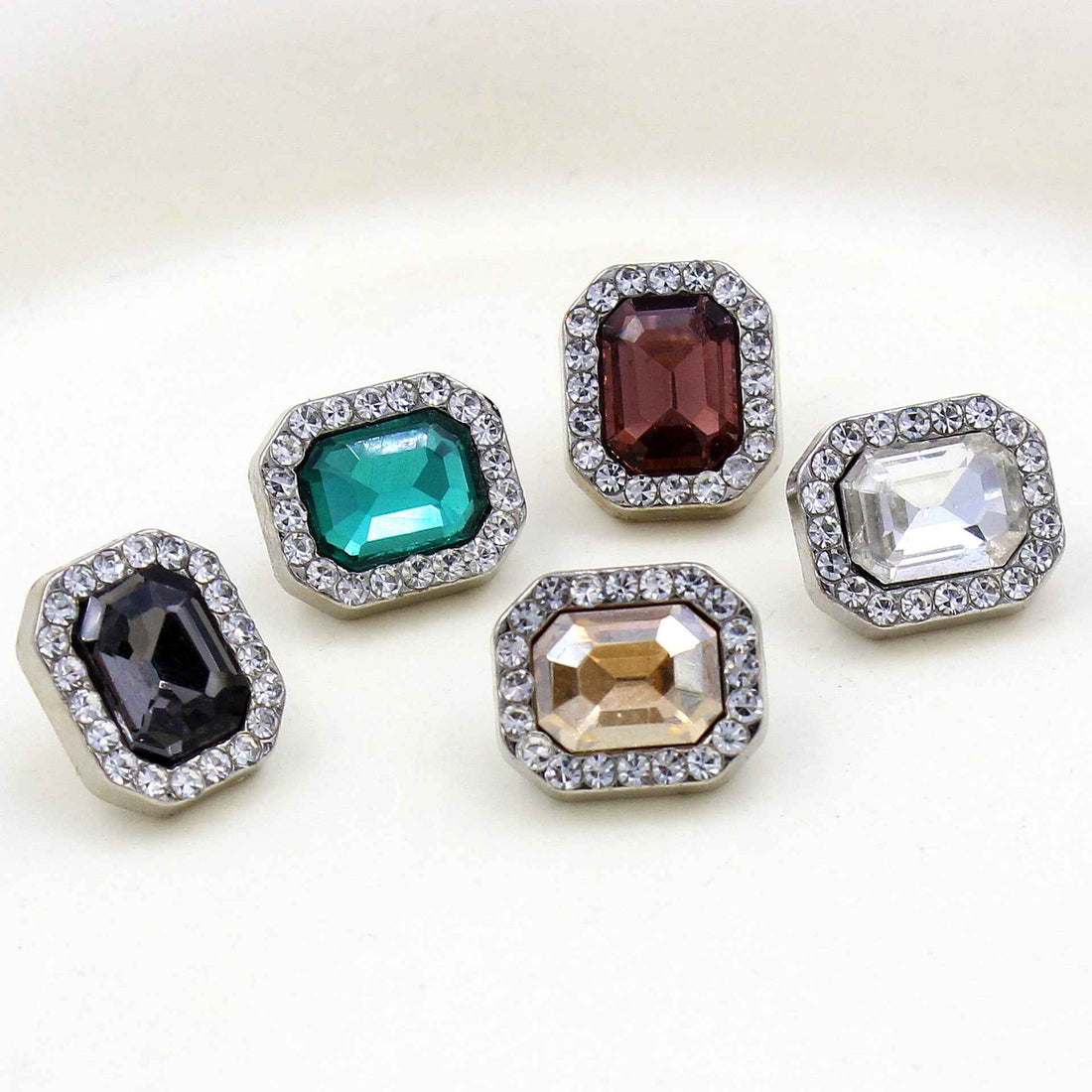 Crystal glass rectangle buttons set of 5, silver-tone frames with colorful stones