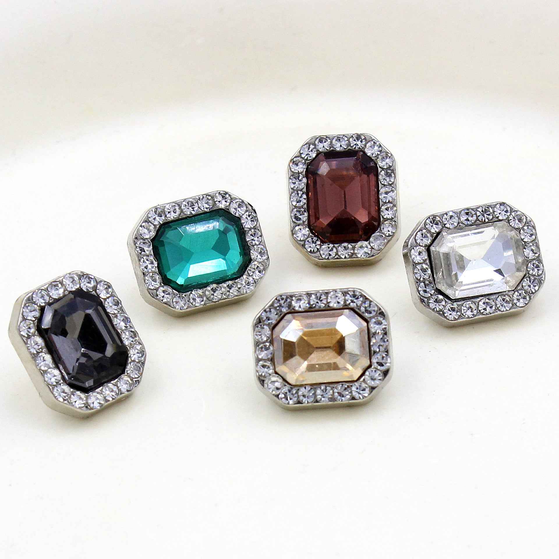 Crystal glass rectangle buttons set of 5, silver-tone frames with colorful stones