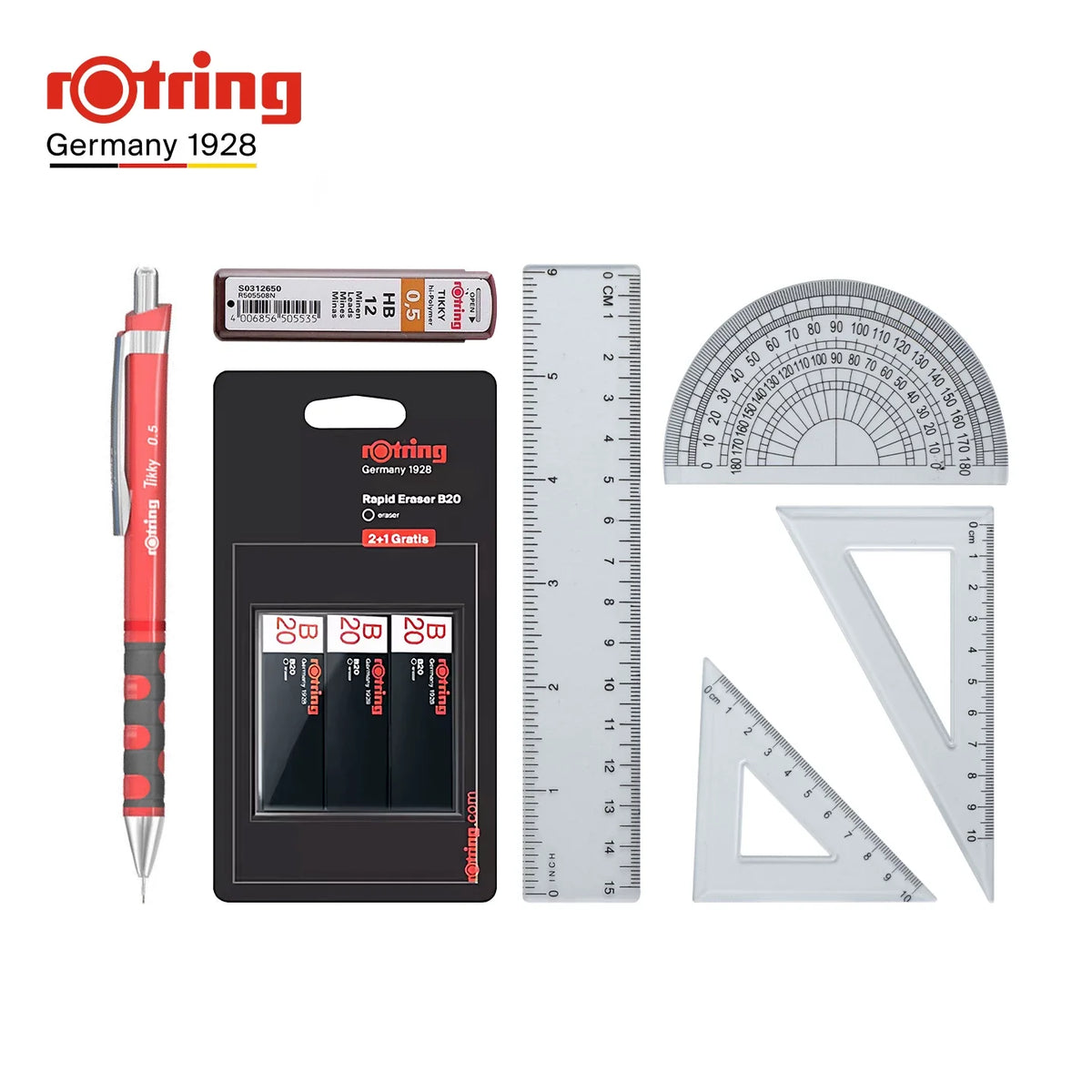 rOtring Tikky Mechanical Pencil Complete Set – 0.5mm Pencil + B20 Erasers + 0.5mm Lead Refills + 4-Piece Ruler Set Light Red