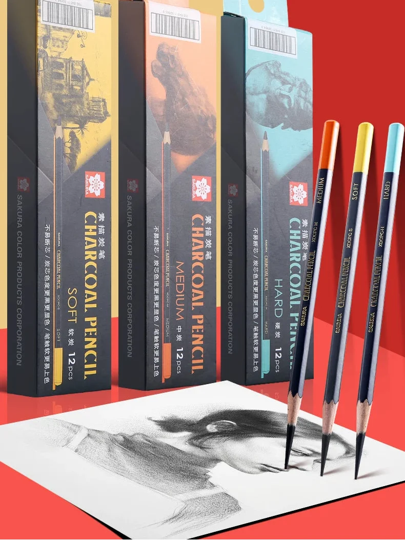 SAKURA Charcoal Drawing Pencils, 12-Pack | Soft, Medium or Hard
