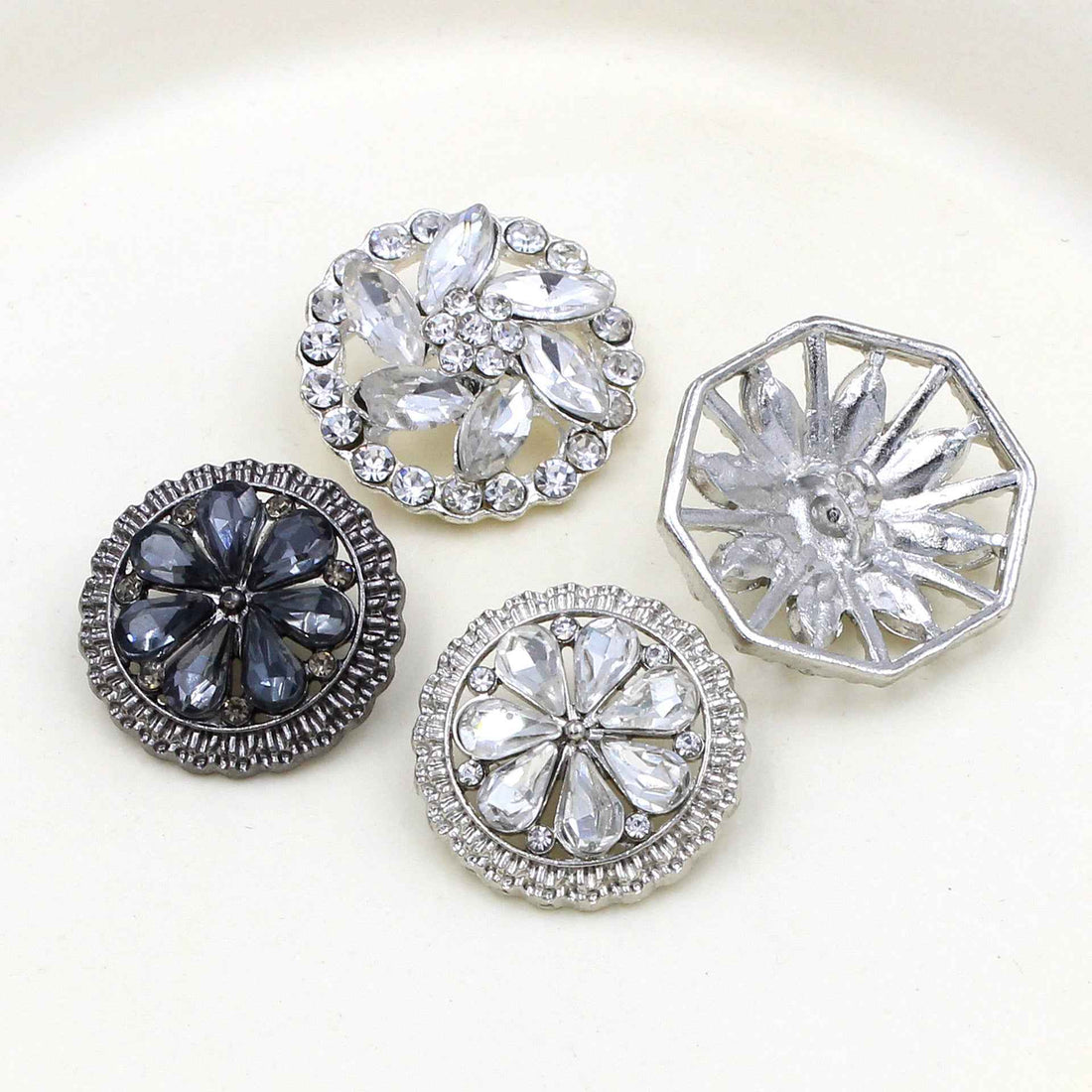 Round sew-on rhinestone alloy button, clear stones, silver tone setting