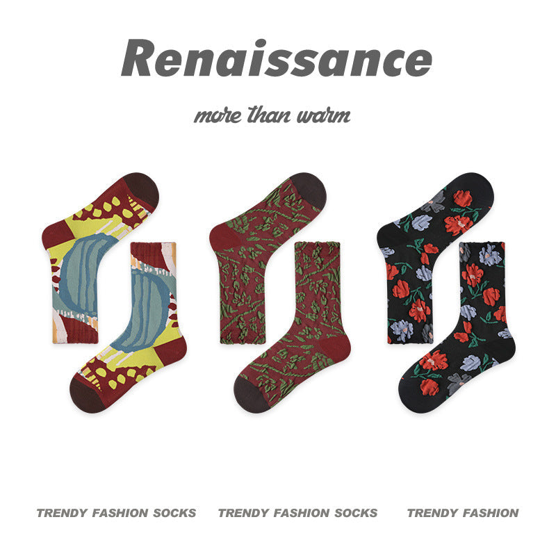 Women's embroidered floral mid-calf socks: burgundy, green, and dark rose 3-pack