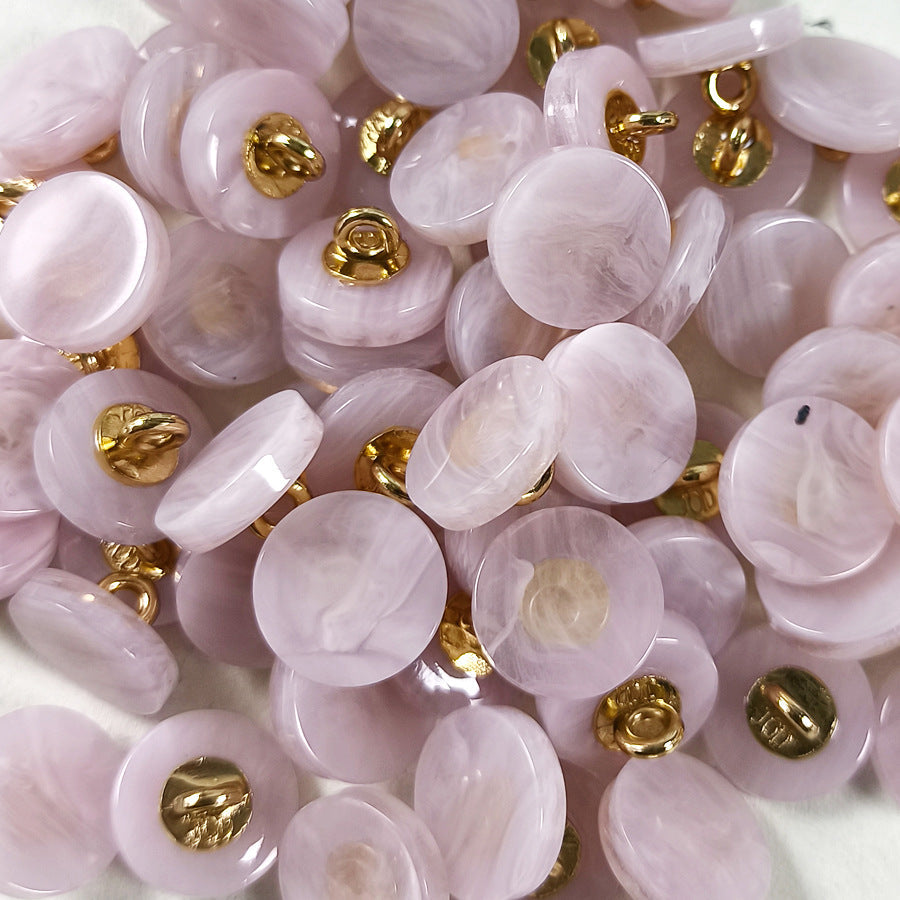 Faux agate resin shank buttons, light pink discs with gold metal shanks