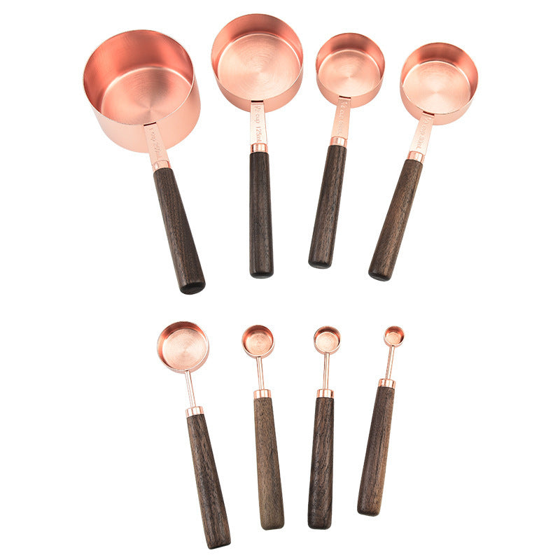 Walnut & Rose Gold Stainless Steel Measuring Cups & Spoons – 8-Piece