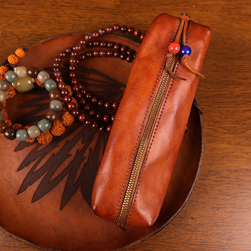 Handmade Vegetable-Tanned Leather Zip Pouch Vintage Distressed Finish Light Brown