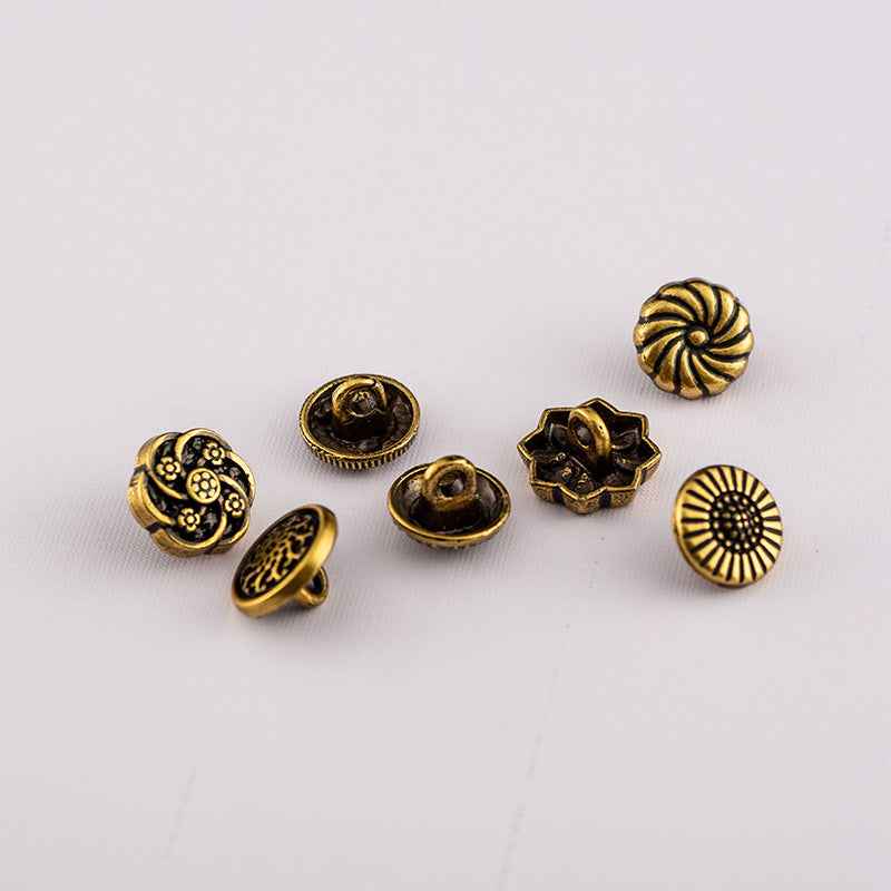 Antique bronze 10mm shirt buttons: ornate floral/geometric designs, 70 pcs