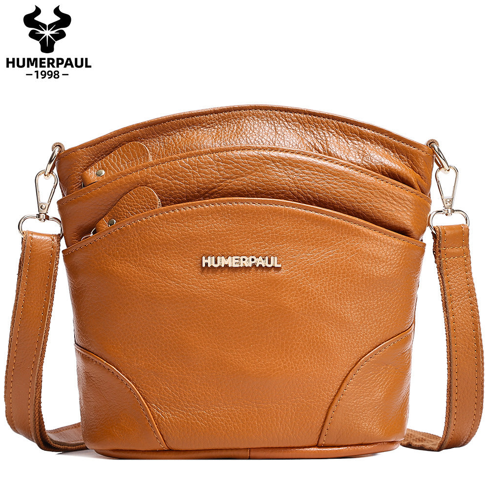 Top Grain Leather Women's Crossbody Bucket Shoulder Bag Light Brown