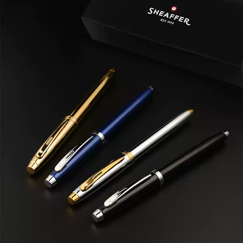 Sheaffer 100 Fountain Pen Gift Set – Fine Nib (~0.5mm), Gold Clip, Converter & Ink | Polished Chrome / Black Lacquer / Dark Blue-Grey