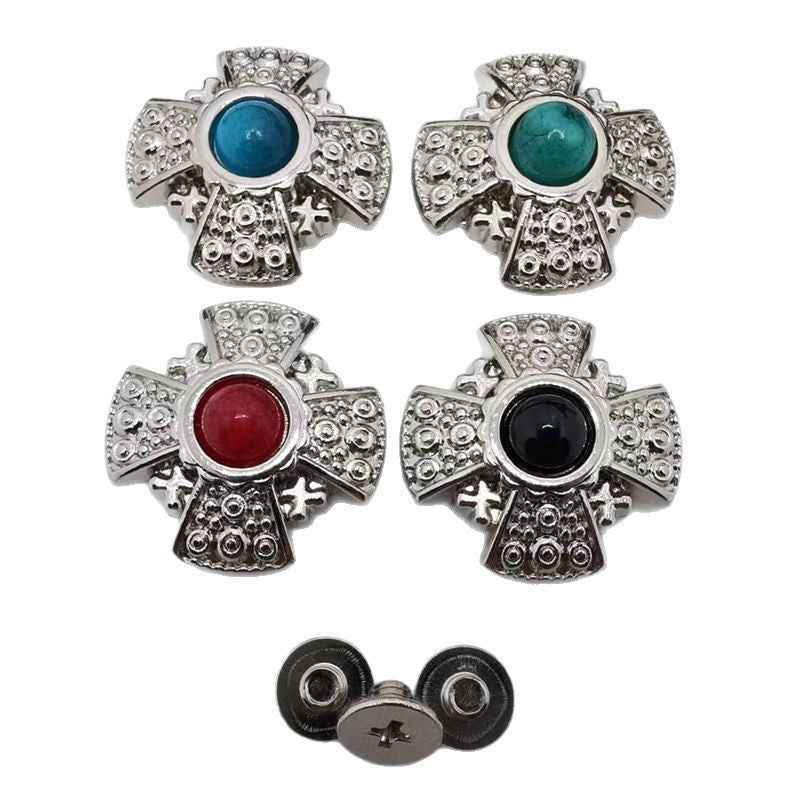 20MM Punk belt cross rivet stud, zinc alloy, blue cabochon center