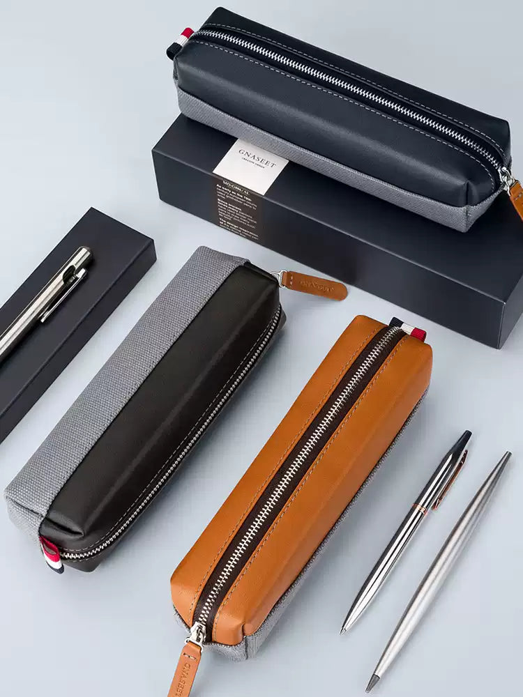 GNASEET Genuine Leather & Canvas Pencil Case – Large Capacity 20-Pen Student Stationery Pouch | 200x48x55mm