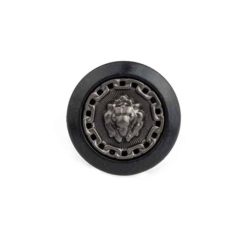 Beige round lion resin-metal button, gold lion crest, 2-hole look