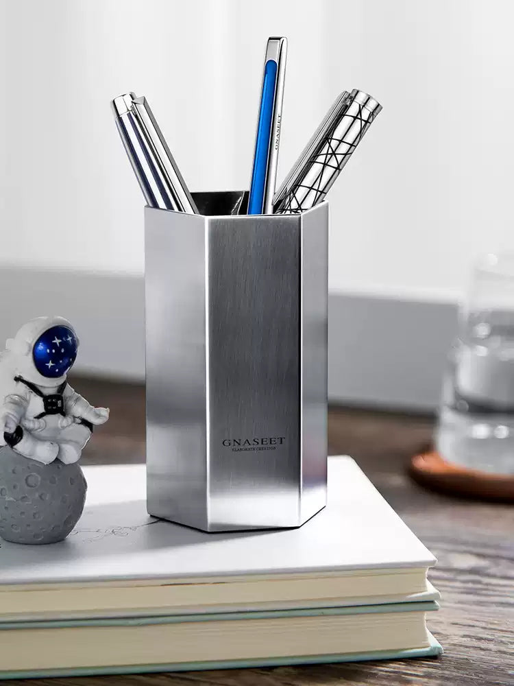 GNASEET Stainless Steel Hexagonal Diamond Pen Holder – Desktop Organizer & Desk Decor | 63x63x107mm